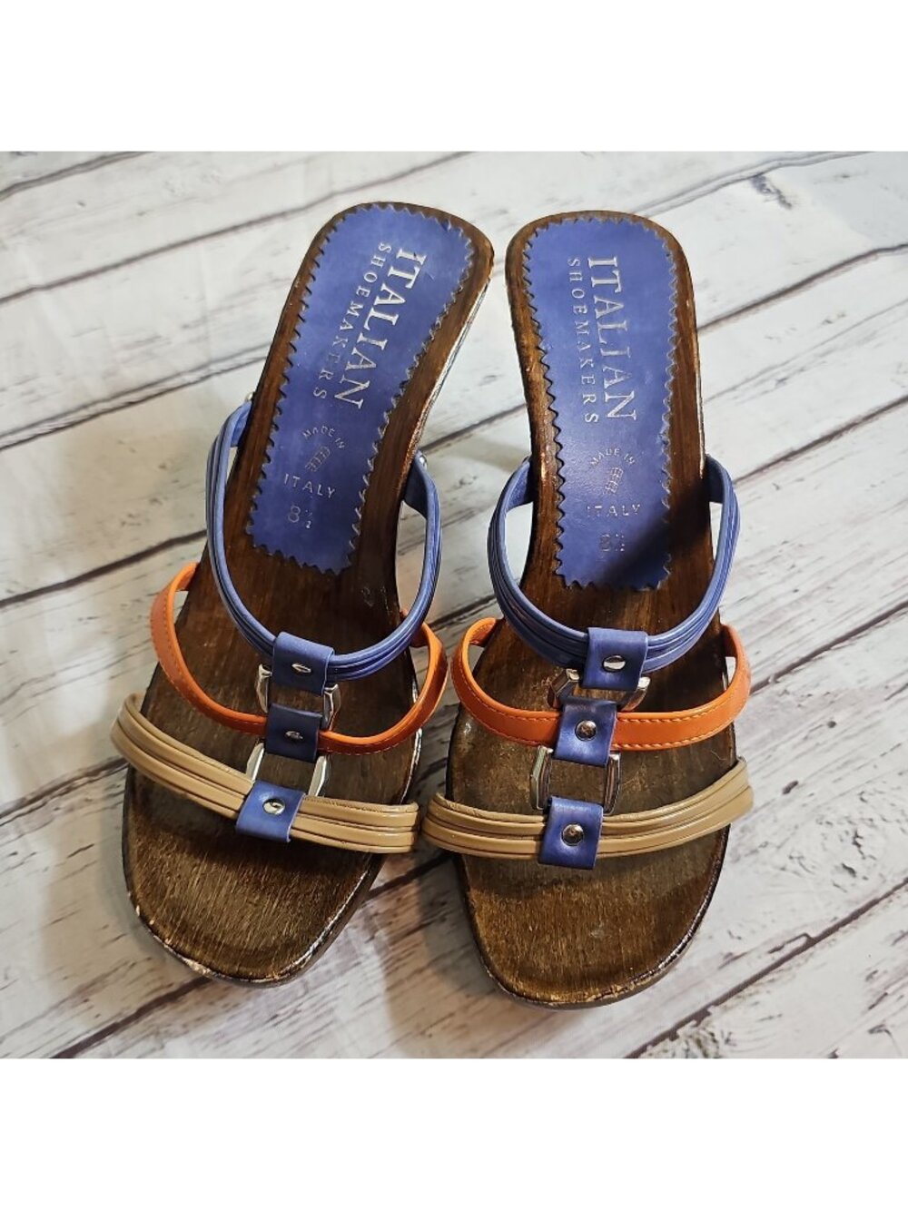 Italian ShoeMakers Wooden Heels Strappy Blue Orange Tan Heels Size 8.5 Italy